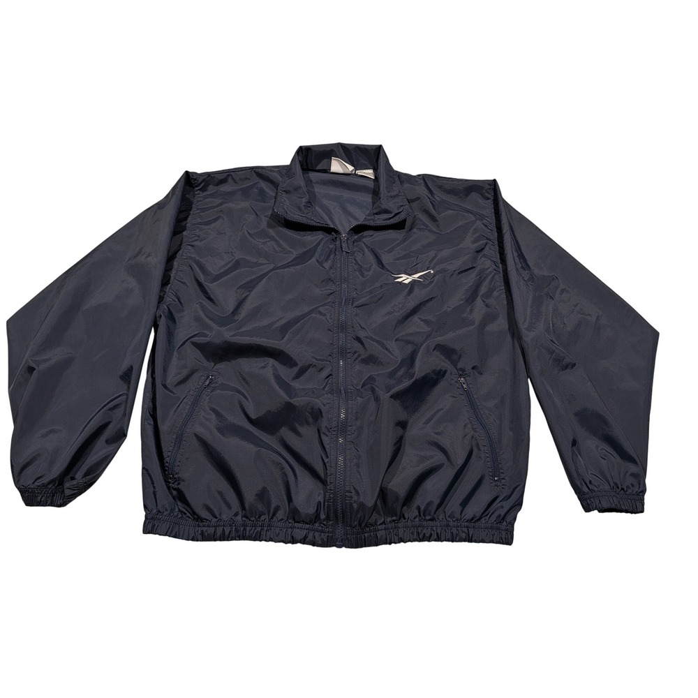 Vintage Reebok Windbreaker Jacket Mens Medium Navy Blue Full‎ Zip Nylon Shell
